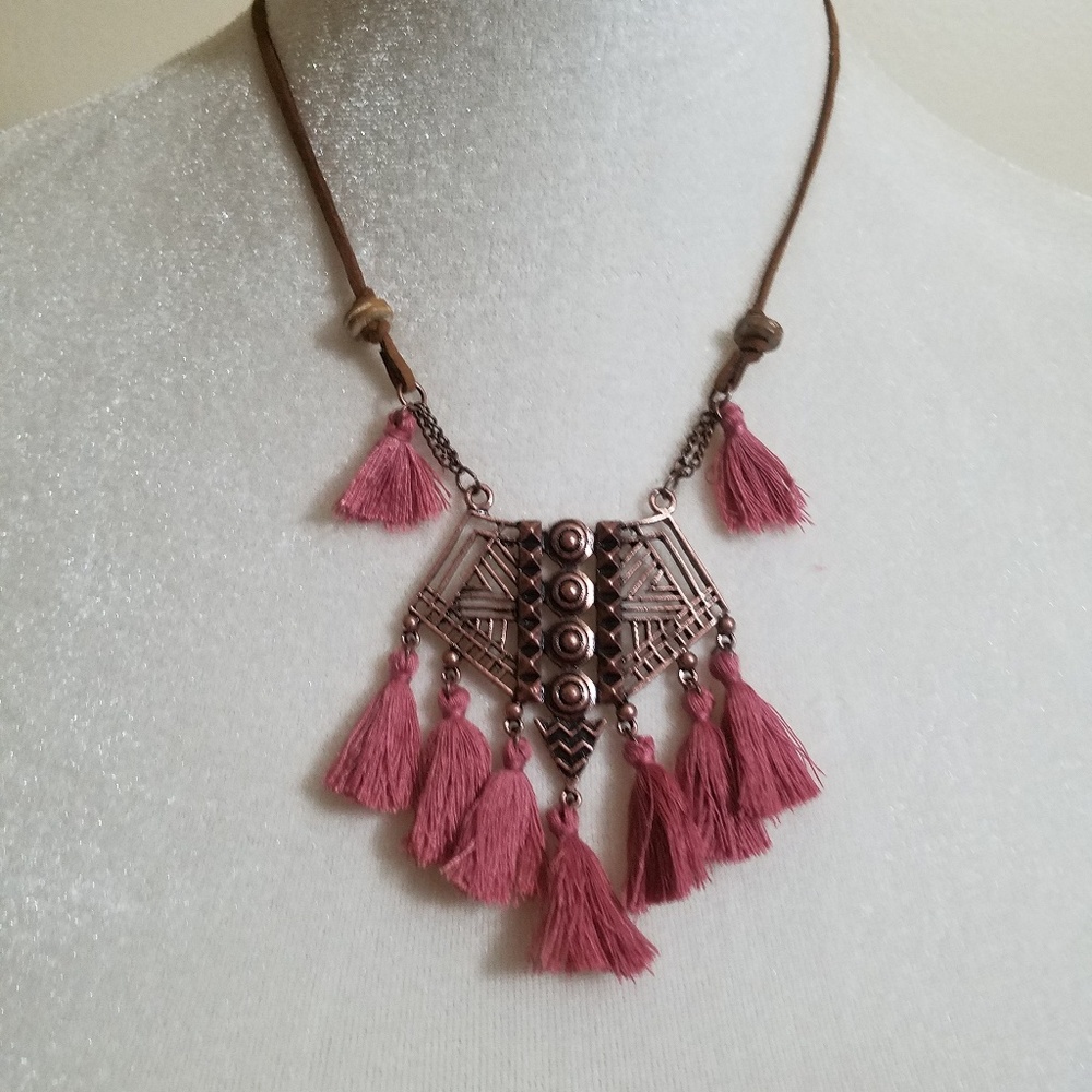 BOHO Brass Tassel Necklace with Leather Cord